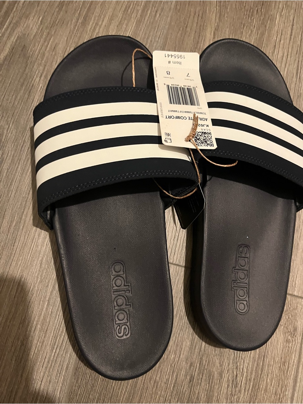 Women adidas Navy Slide Sandals with White Stripes - Picture 3 of 5